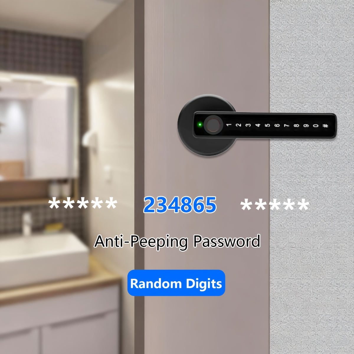 Fingerprint Door Lock Knob in Black with Listed IC Card, Code and Mechanical Key Access, Electronic Handle for Compatible Bedroom, Home and Office Doors