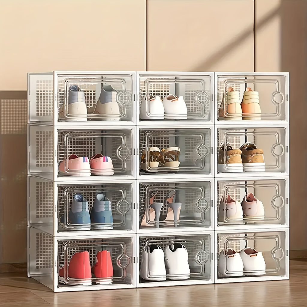 Transparent Shoe Storage Boxes with Lids, Foldable Stackable Plastic Footwear Organizers in White 12-Piece or Gray 12- and 24-Piece Options for Home Storage
