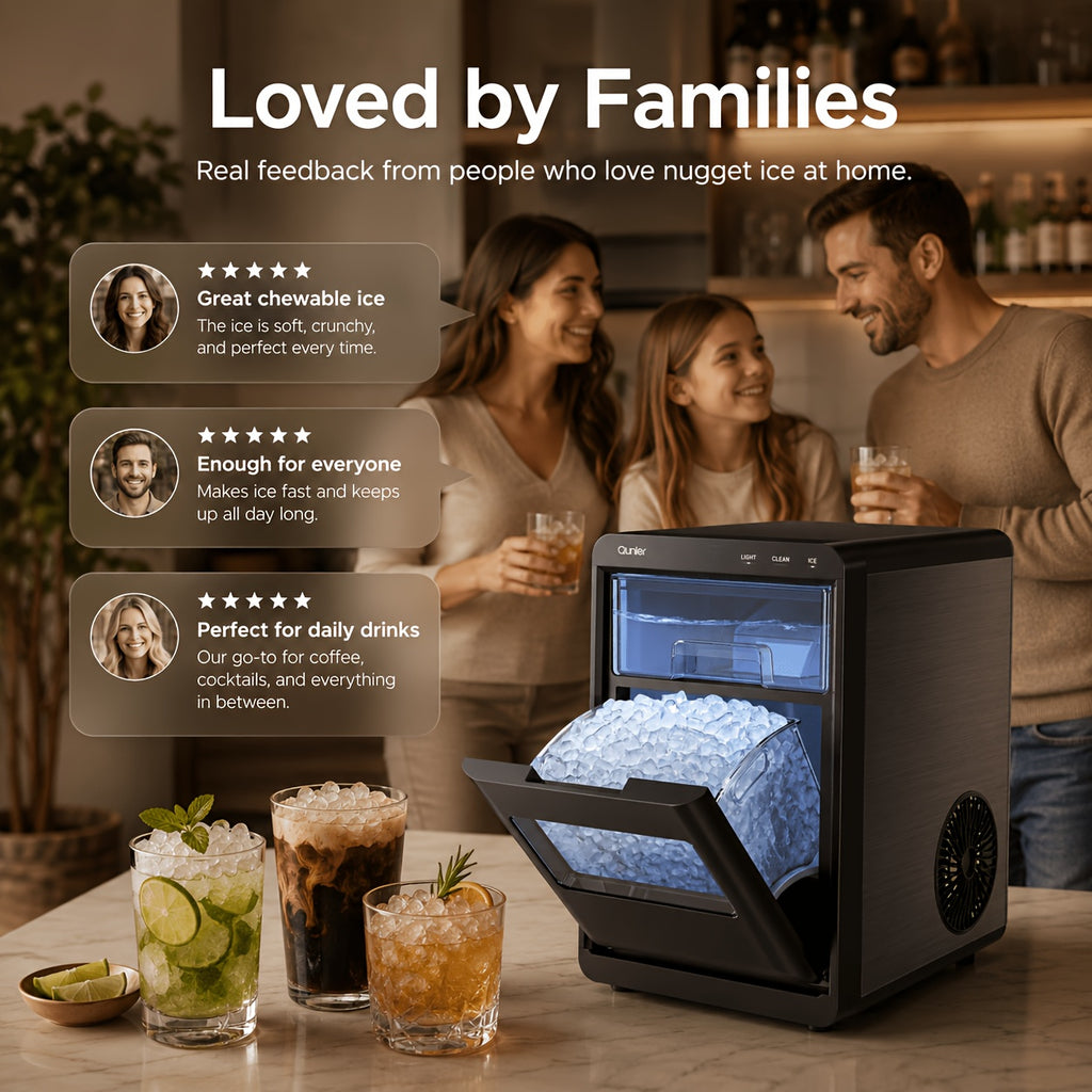 Chewable Pellet Ice Maker by Qunler, Self-Cleaning Countertop Nugget Ice Machine with 35LBS, 44LBS or 35LBS Mini Options for Coffee and Home Bar Drinks