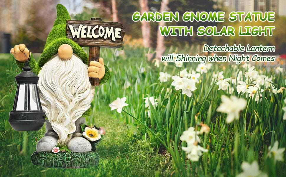 Garden Gnome Statue in Green with Flocked Resin Wording, Solar Lantern and Welcome Sign References for Decorative Porch, Patio and Garden Displays