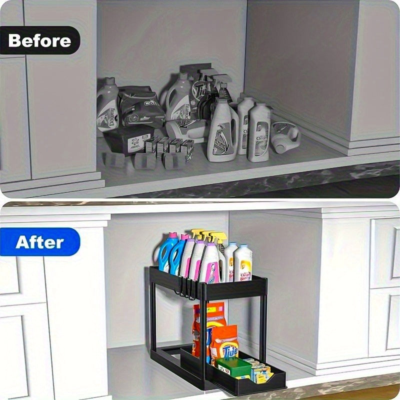 Hook and Bucket Under Sink Organizer, Two-Tier Sliding Cabinet Storage Rack with Listed Five Hooks and One Bucket, Single or Double Options for Kitchen and Bathroom