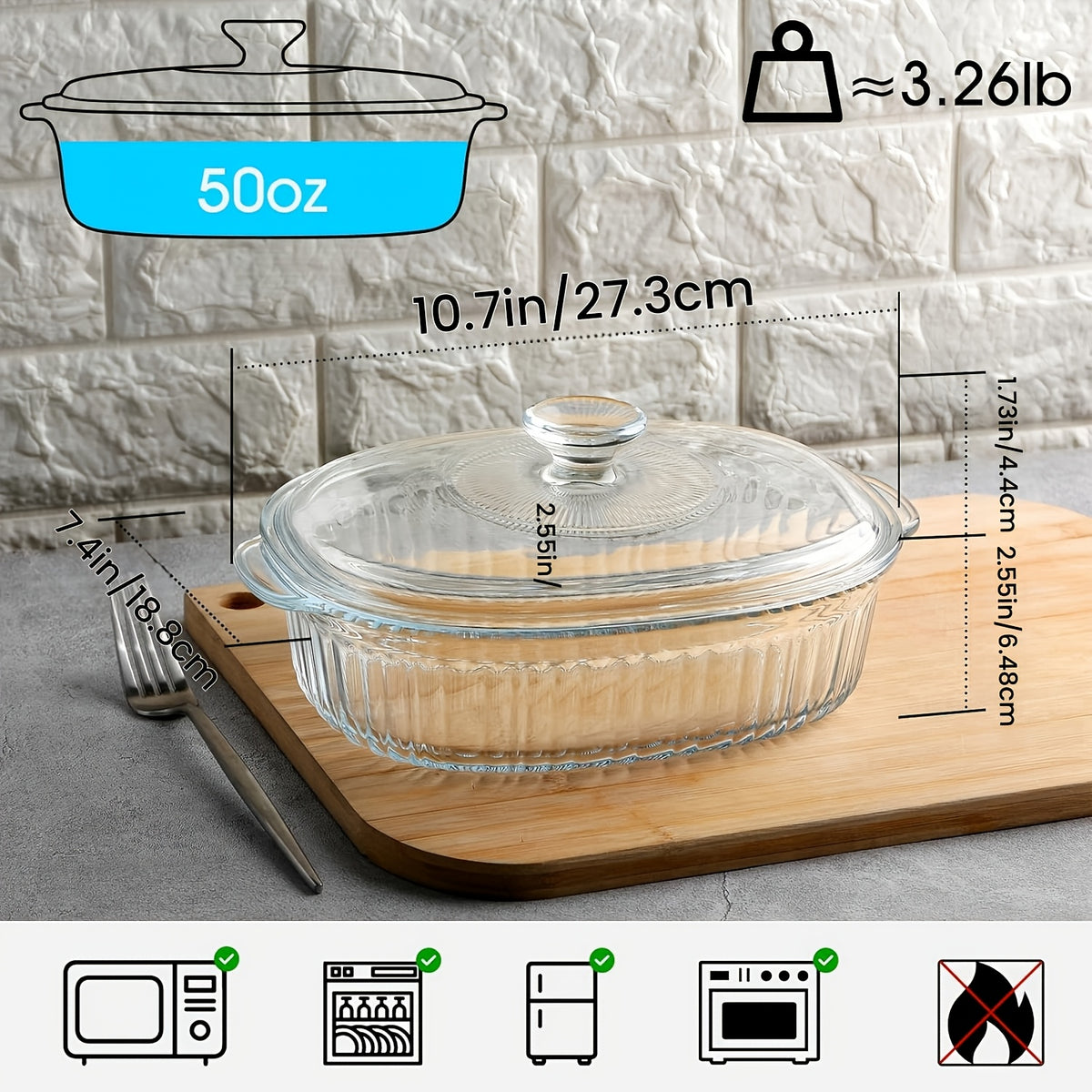 Oval Glass Baking Dish with Lid in 50oz or 85oz Sizes, Deep Transparent Borosilicate Cookware for Pasta, Casseroles, Chicken and Holiday Desserts
