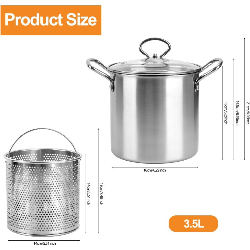 Stainless Steel Deep Fryer Pot with Lid and Basket, 3.5L/118oz Heavy Duty Large Frying Pan with Oil Drip Drainer System and Sturdy Handle, Professional Fry Pot for Home Kitchen, Restaurant, Party and Picnic Cooking