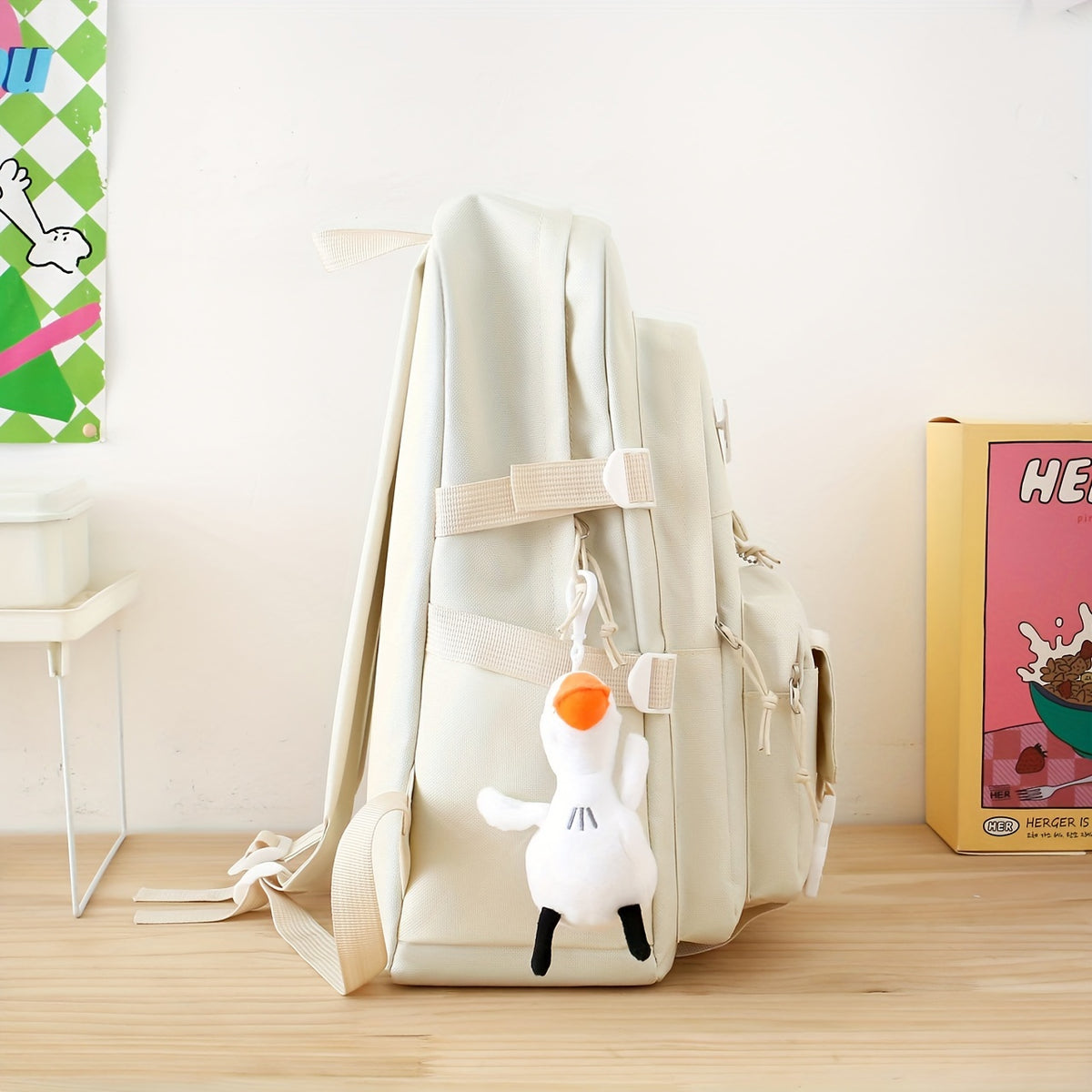 Solid-Color Canvas Backpack Set with Listed Five-Piece Format, Tote, Pencil Bag and Crossbody Wording, Four Pendant-Labeled Color Options for Student Daily Carry
