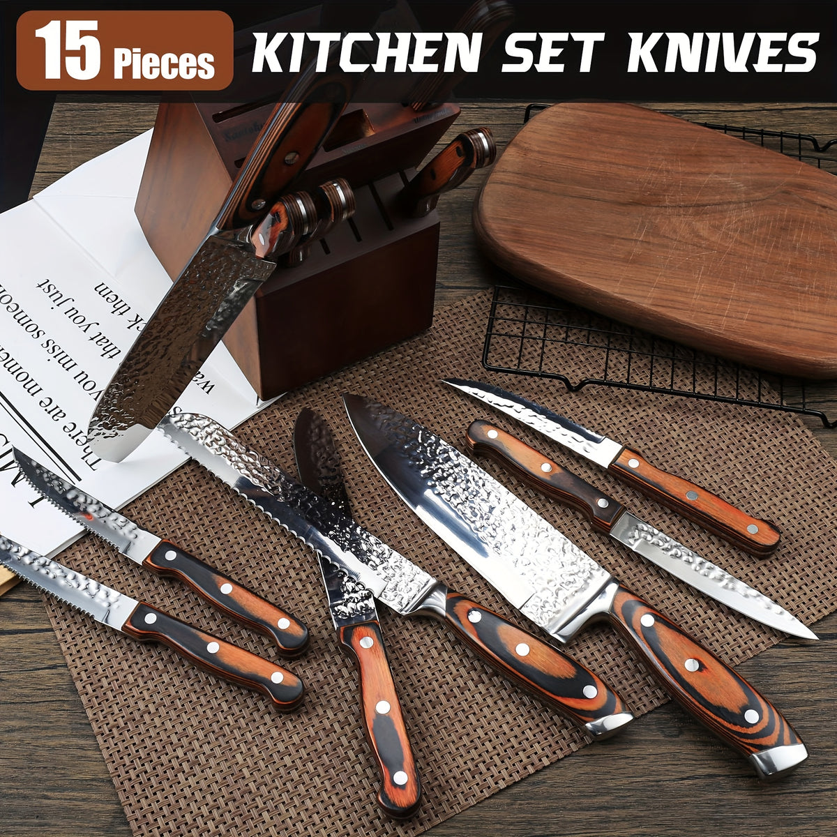 Hammered Kitchen Knife Set in Stainless Steel with Listed Wooden Handles, Storage Block and Sharpener for Home Cooking, 15-PCS or 20-PCS-Black Options