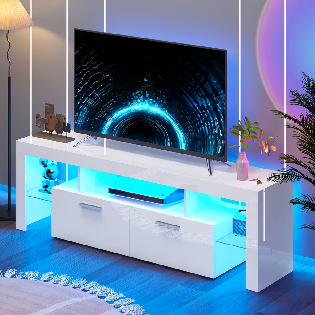 White LED TV Stand with Cabinet Storage and Glass Shelves, Modern Media Console for Living Room and Game Room in 130, 167 or 180 cm Model Options