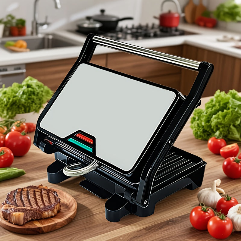 Double-Sided Electric Grill with Black Square Design and Listed Upper and Lower Heating, Panini and Sandwich Cooking Wording for Everyday Home Kitchen Meal Preparation