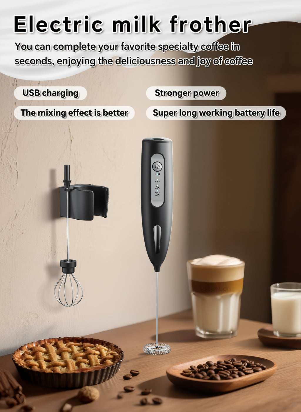 USB Rechargeable Milk Frother with Three Speeds, Handheld Electric Drink Mixer in Four Color Labels with Single Foam Head or Egg and Frother Head Options