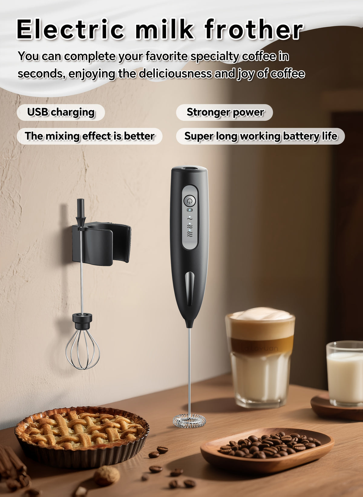 Electric Milk Frother with Three Speeds and USB Rechargeable Design, Four Color Labels with Foam Head or Egg and Frother Head Options for Home Coffee Preparation
