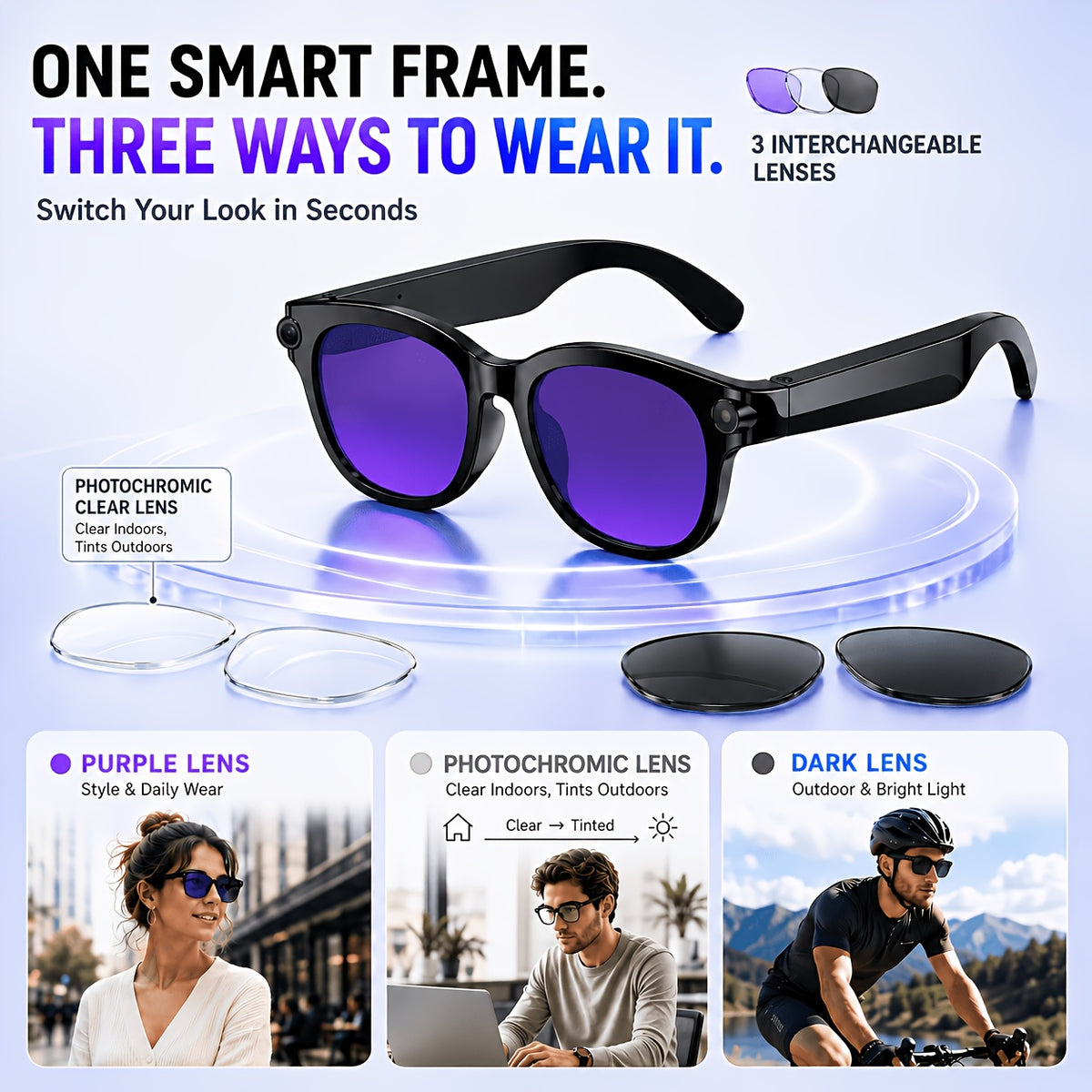 Replaceable-Lens AI Smart Glasses with Listed 8MP Camera, Image Stabilization, Video and Audio Recording, Translation, Voice Control and Music Playback