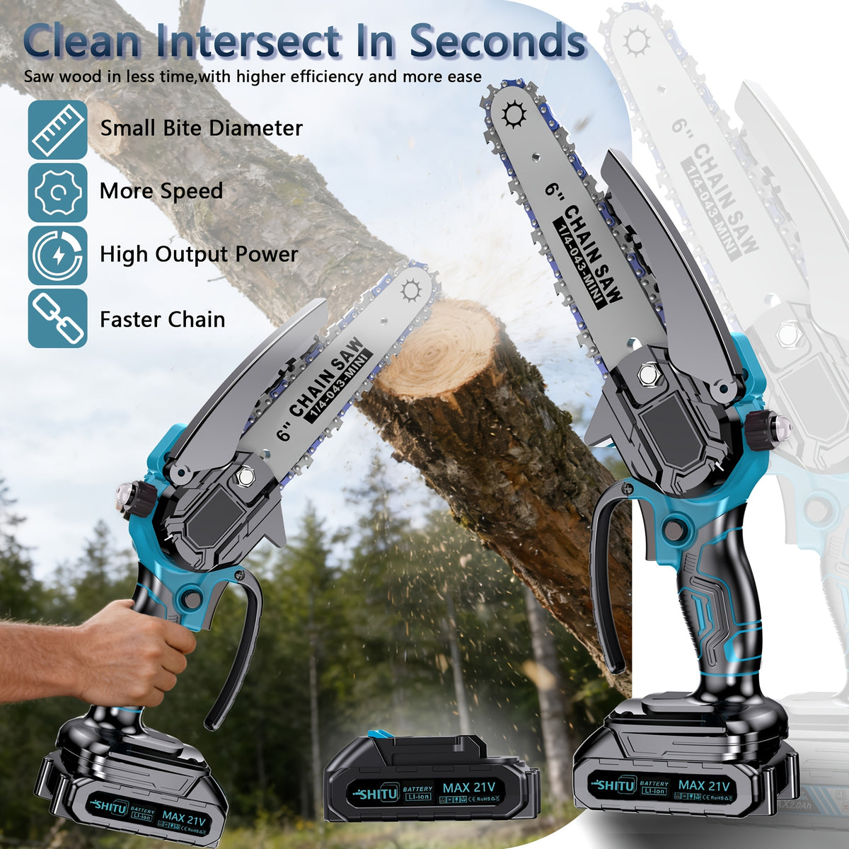 Battery Powered Mini Pruning Chainsaw with Listed Safety Lock, Portable Wood Cutting Tool with One or Two Battery Package Options for Outdoor Garden Maintenance