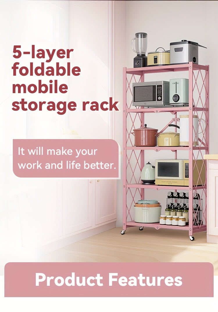 Rolling Folding Storage Rack with Metal Construction and Listed Locking Wheels, Three- to Five-Tier Model Labels for Kitchenware, Household and Dorm Organization