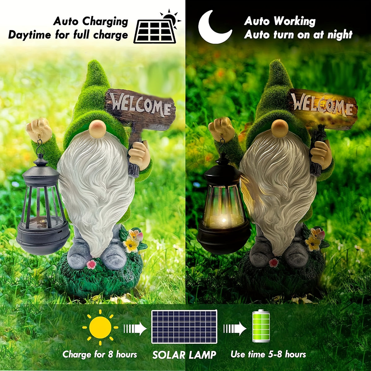 Garden Gnome Statue in Green with Flocked Resin Wording, Solar Lantern and Welcome Sign References for Decorative Porch, Patio and Garden Displays