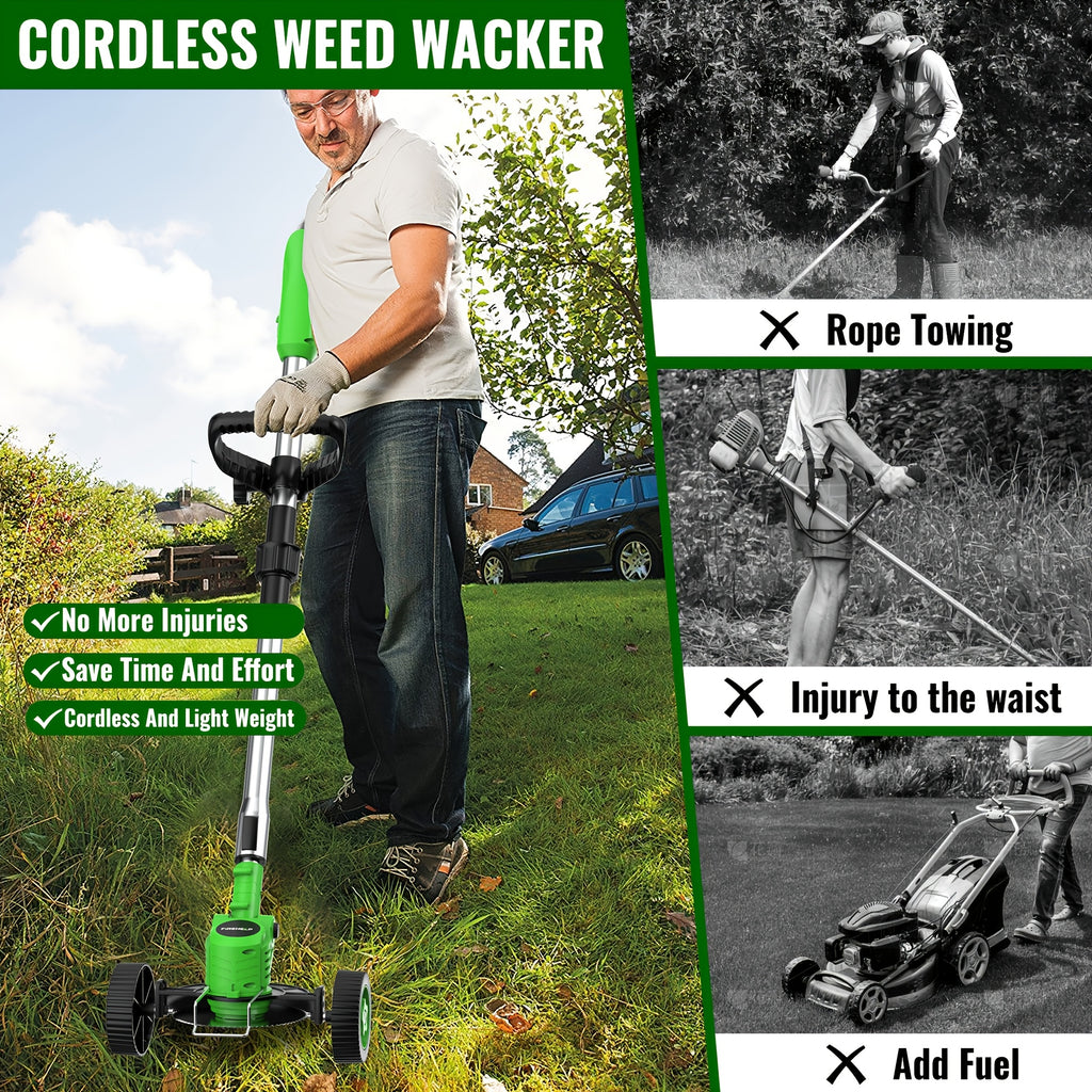 Foldable Cordless Lawn Trimmer with Listed Rotating Edging Function, Single-Battery Blade Option or Upgraded Two-Battery Blade and Wheel Kits for Small Yard Care