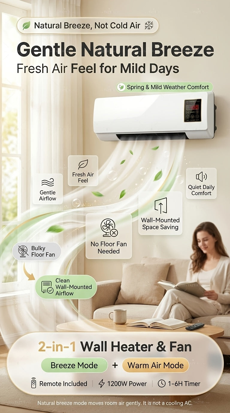 1200W Wall-Mounted Ceramic Heater in White, PTC Heating Design with Remote Control and Timer, Listed Dual-Mode Model for Space-Conscious Home Installation