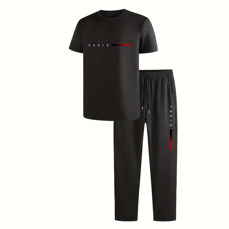 Men's Two-Piece Outfit with Printed Short Sleeve Crew Neck Top and Straight Pants, Seven Color Options and S to XXL Sizes for Casual Spring and Summer Style