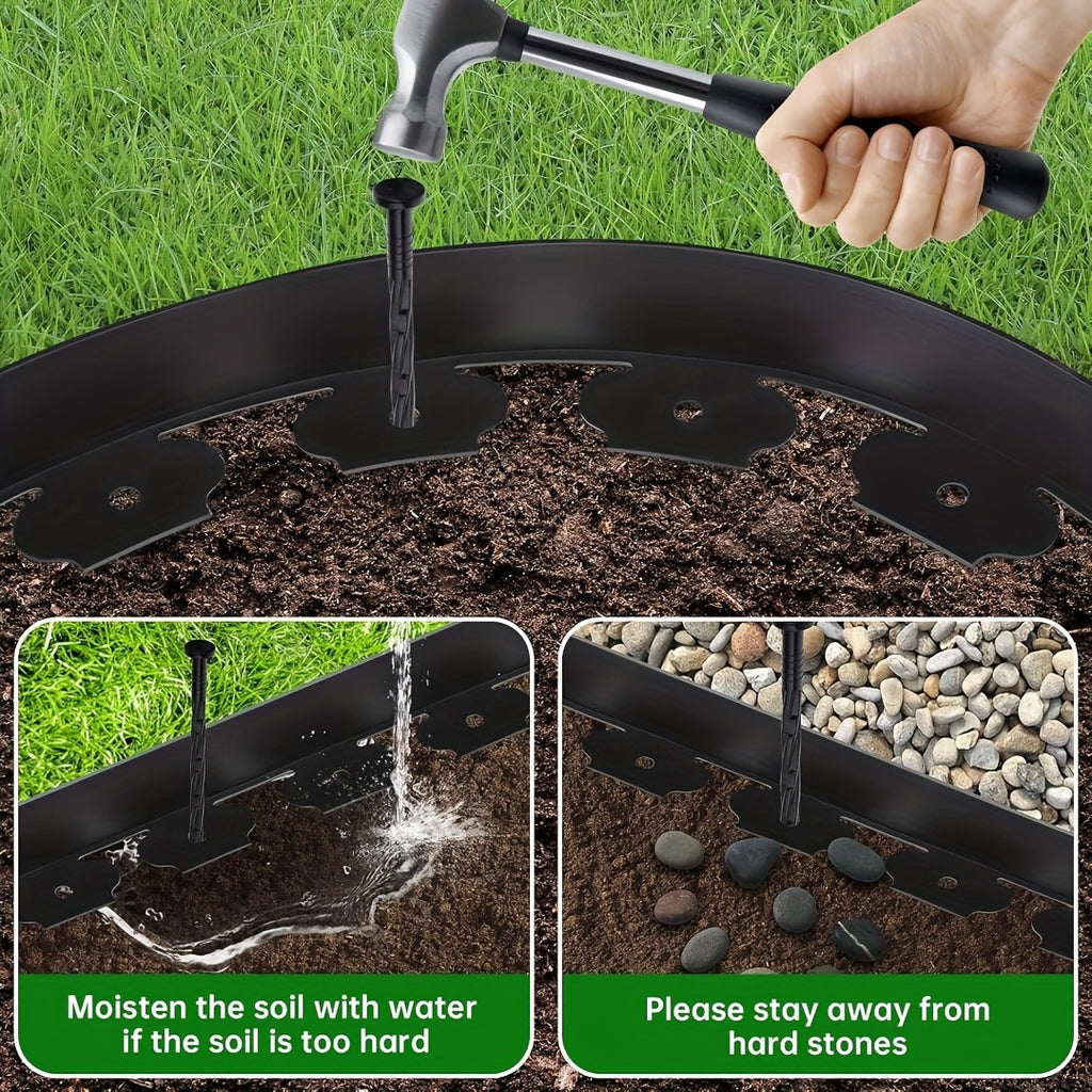 No-Dig Landscape Edging Kit, Flexible HDPE Garden Border with Anchoring Spikes for Flower Beds, Lawn and Pathways, Black or Green with Optional Hammer