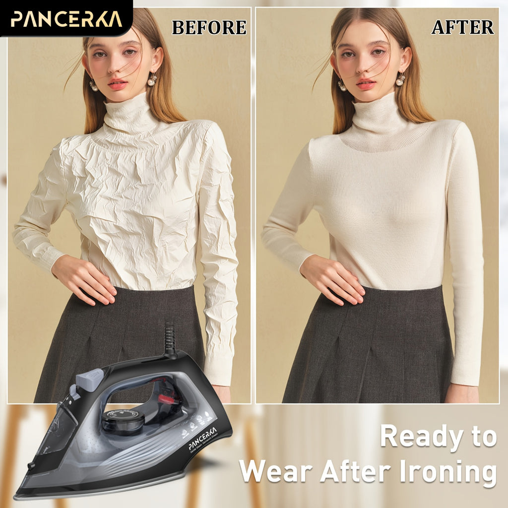 Adjustable Thermostat Steam Iron by PANCERKA, Black Clothes Iron with Listed 1200W Power, Nonstick Soleplate, Variable Steam Control and Overheat Protection Wording