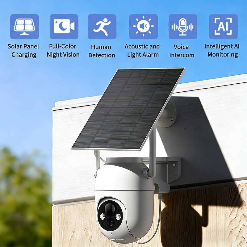 Outdoor Solar Security Camera with 1080P WiFi Video, 355° Pan-Tilt Rotation, Color Night Vision, AI Motion Detection & Two-Way Audio