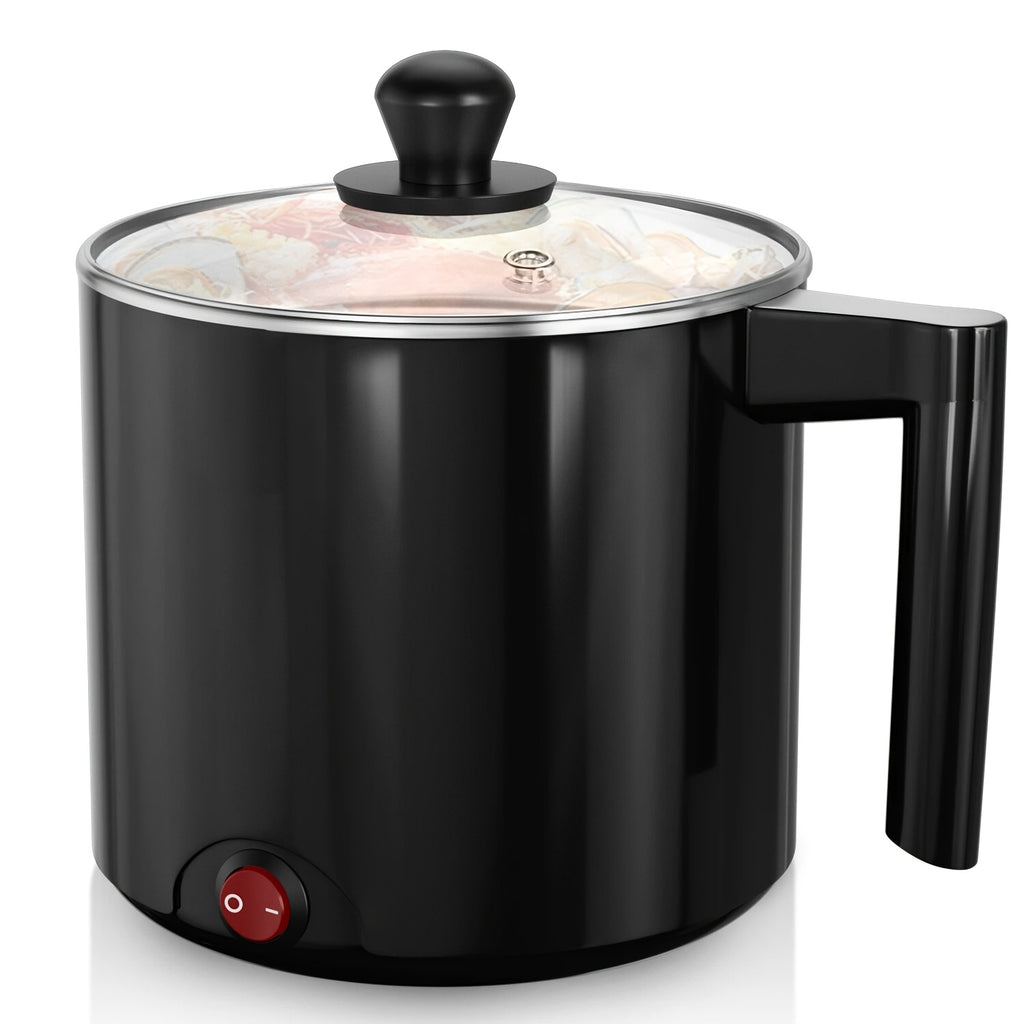 Black Electric Hot Pot with Listed 1.5L Capacity Option and Nonstick Saucepan Design for Noodles, Pasta, Eggs and Steak Preparation in Home Kitchens