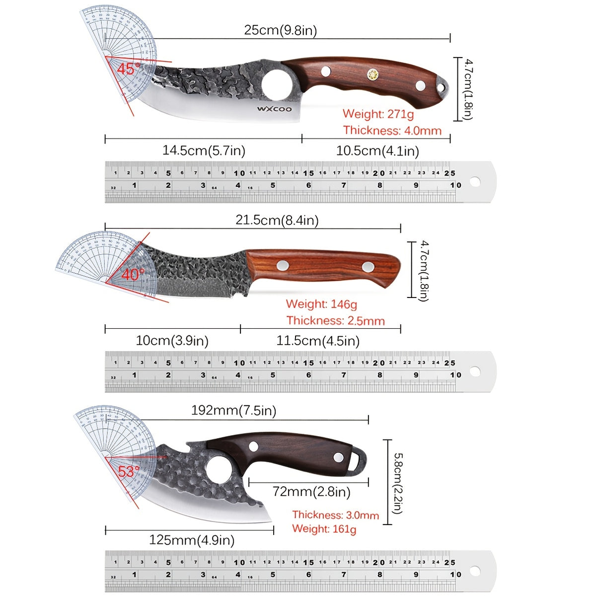 Three Piece Chef Knife Set with Listed 5Cr15MoV Stainless Steel Blades and Hammered Texture for Meat, Fish, Vegetable Preparation and Backyard BBQ Cooking