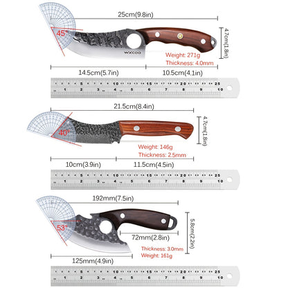 Three Piece Chef Knife Set with Listed 5Cr15MoV Stainless Steel Blades and Hammered Texture for Meat, Fish, Vegetable Preparation and Backyard BBQ Cooking