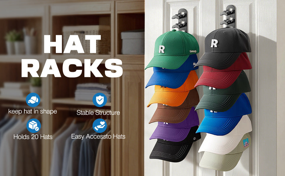 Baseball Cap Rack in Black or White with Multi-Layer Wall Storage, Single Plastic Hat Organizer with Listed Up-to-20-Cap Capacity and Two Mounting References