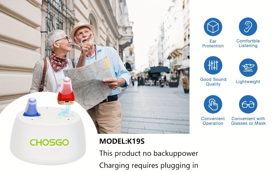 In-Ear Rechargeable Hearing Amplifier Pair with Listed Charging Case, K19RC and K19S Model Labels in Beige, RedBlue or Black for Adult Device Comparison