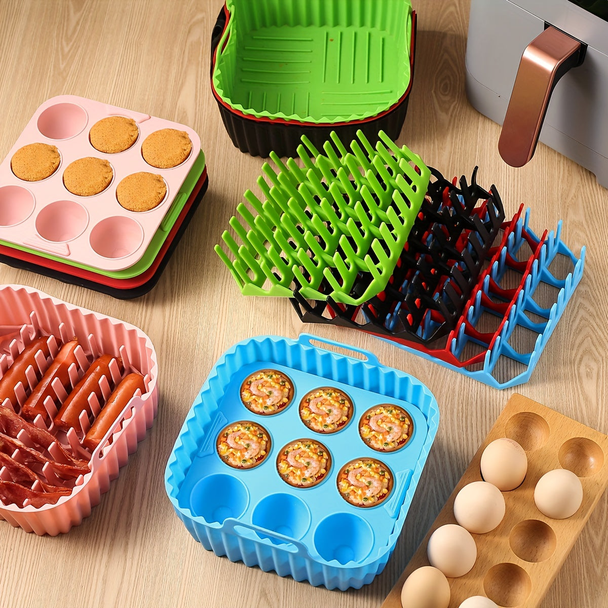 Silicone Air Fryer Baking Tray Set of Two with Listed Nonstick Liner and Muffin Mold Wording, Reusable Kitchen Accessories in Five Colors for Compatible Appliances