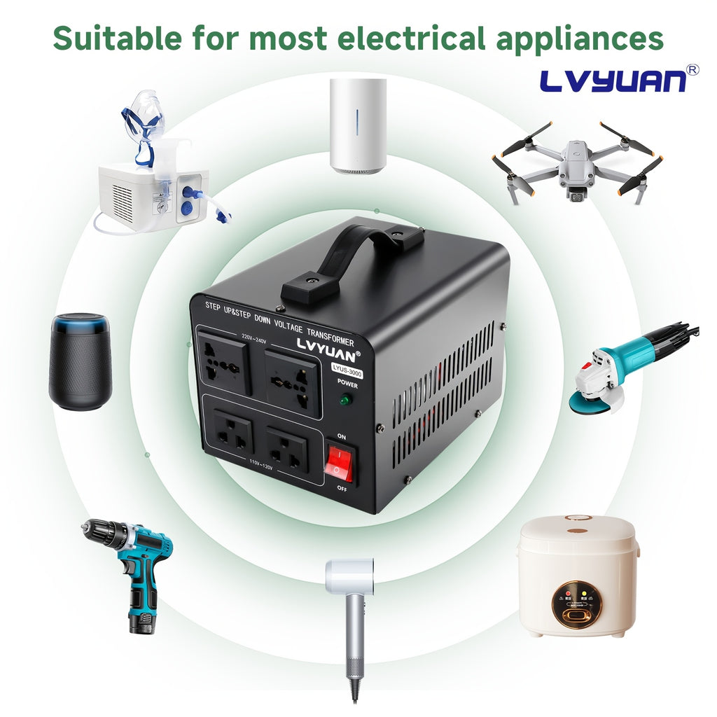 Step Up Down Voltage Converter by LVYUAN, 110V–120V to 220V–240V Transformer with Two US Outlets, Two Universal Outlets and Resettable Circuit Breaker