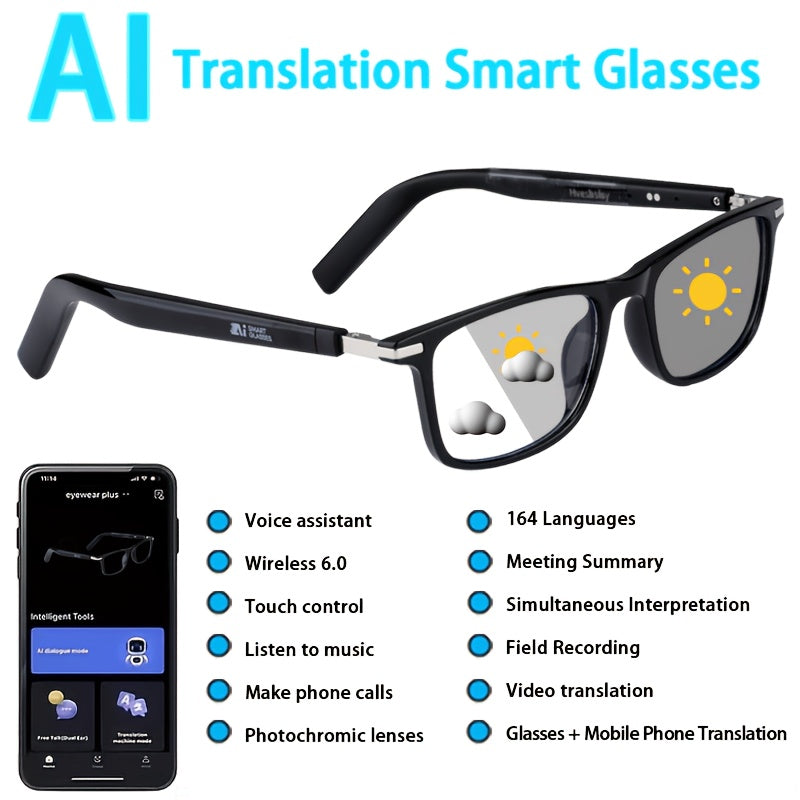AI Audio Translation Glasses with Listed Microphone, Speaker, Music and Call Features, Full-Frame and Semi-Frame Style Options for Adult Travel and Office Conversations