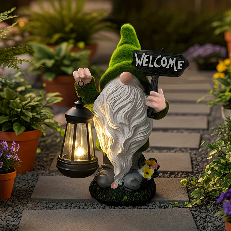 Garden Gnome Statue in Green with Flocked Resin Wording, Solar Lantern and Welcome Sign References for Decorative Porch, Patio and Garden Displays