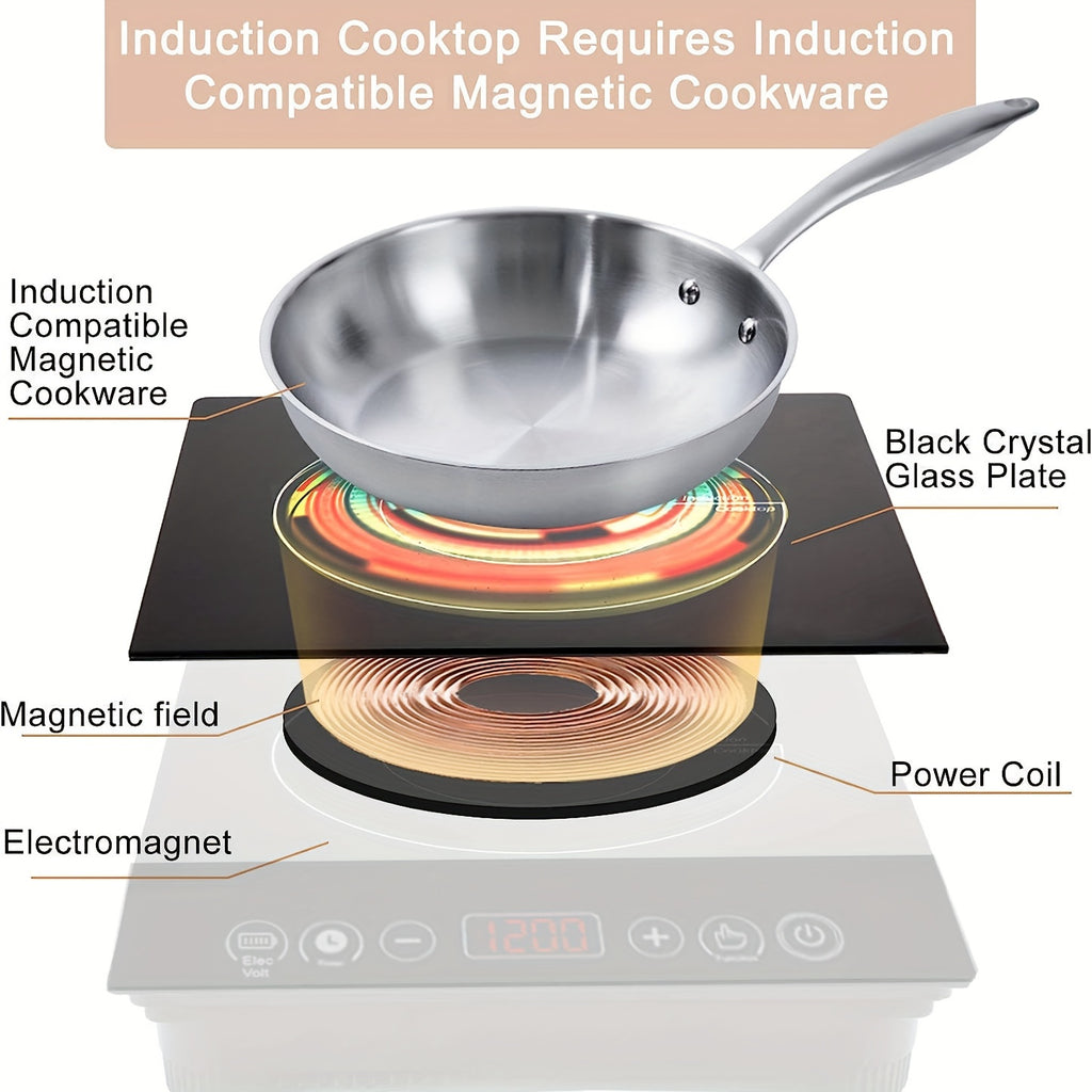 Portable Induction Cooktop with Black Crystal Touch Panel, Single Burner Electric Countertop Stove for Everyday Home Kitchen Cooking and Meal Preparation