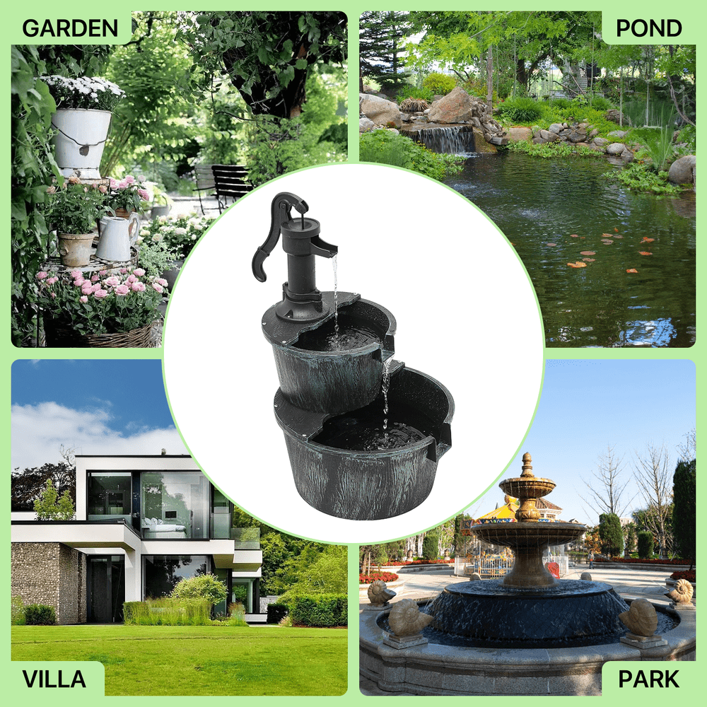 Outdoor Barrel Water Fountain, 27-Inch Two-Tier Rustic Waterfall with Listed 11L Capacity and IPX4 Rating in Dark Green or Bronze for Patio and Garden Decor