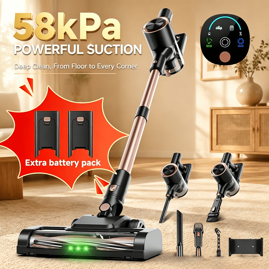 Self-Standing Cordless Vacuum with Listed 58kPa Suction, 6-in-1 Rechargeable Handheld Cleaning Design and LED Electric Floor Brush for Carpets and Pet Hair