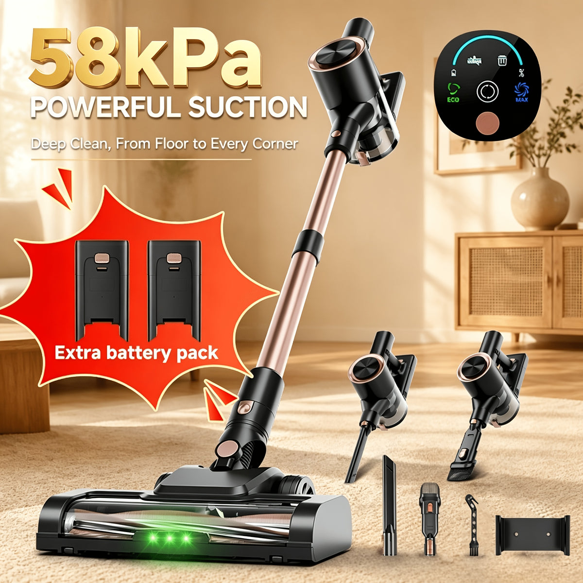 Self-Standing Cordless Vacuum with Listed 58kPa Suction, 6-in-1 Rechargeable Handheld Cleaning Design and LED Electric Floor Brush for Carpets and Pet Hair