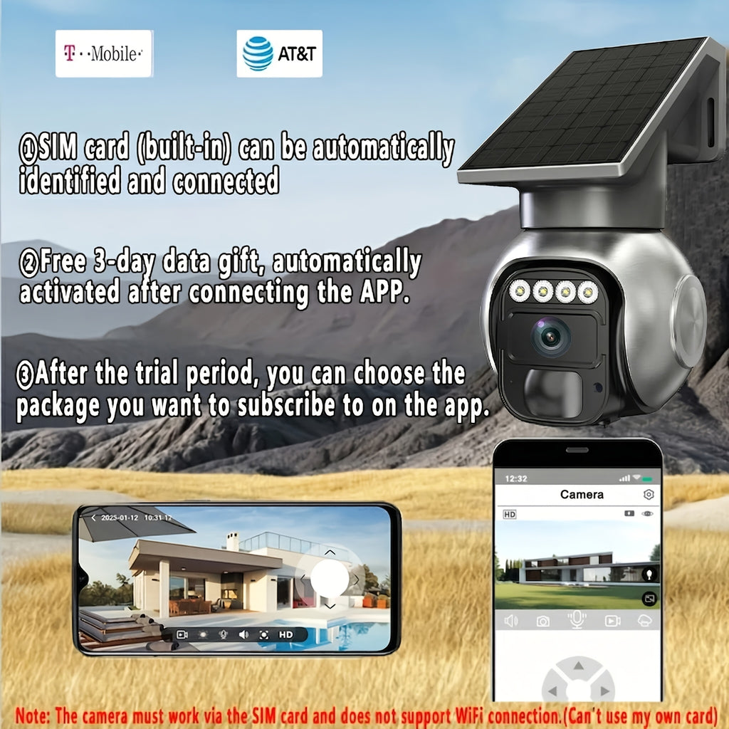 3MP Cellular Solar Security Camera with No-WiFi 4G LTE, Pan Tilt Human Tracking, Night Vision and Two-Way Audio for Farm, Ranch and Rural Home Monitoring