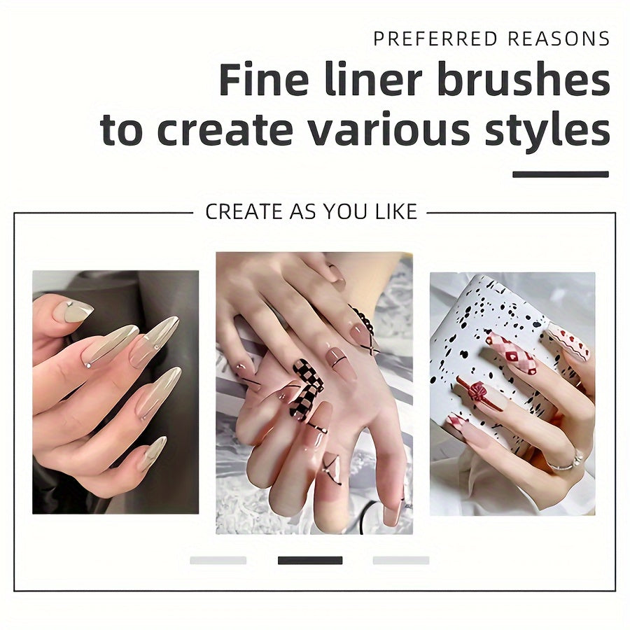Capped Nail Art Liner Brush Set with Five Listed 6, 9, 12, 15 and 18mm Sizes, Metal Handles and Black Gray Option for Gel Polish Fine-Line Detailing