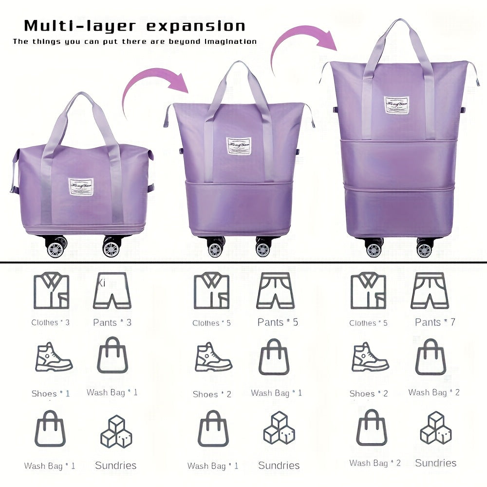 Three-Layer Expandable Travel Bag, Wheeled Clothing Duffel with Four Removable 360-Degree Wheels and Adjustable Pull Handle in Black, Pink, Blue or Purple
