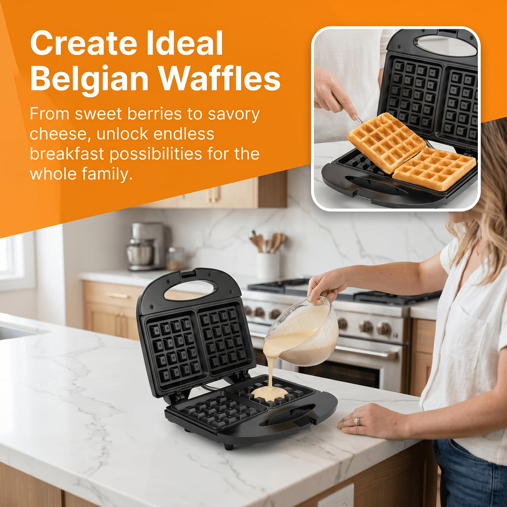 Belgian Waffle Maker by TESSLUX, 750W 2-Slice Nonstick Waffle Iron with Dual LED Indicators, Locking Handle and Upright Storage for Home Breakfasts
