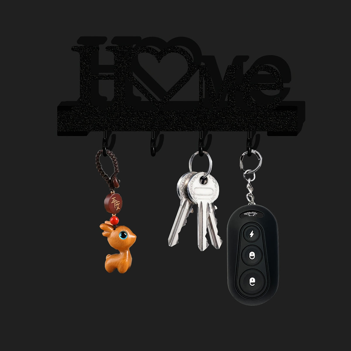 Home Love Key Hook Organizer for Wall-Mounted Entryway Storage, Single Decorative No-Drill Key Rack in Black, White, Grey or Blue for Hallways and Living Rooms