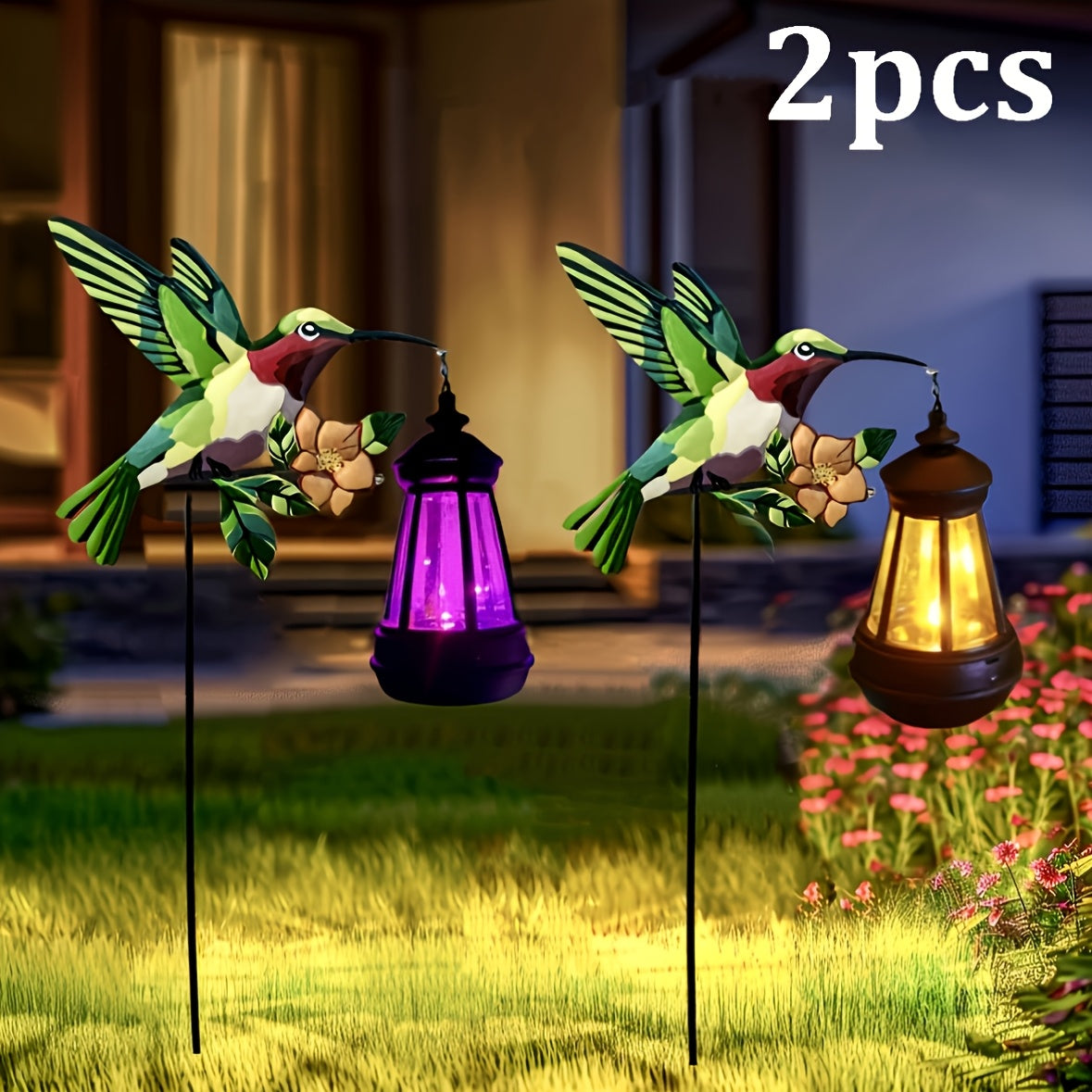 Solar Hummingbird Lantern Pair, Two-Piece Hanging Garden Light Set in Warm or Multicolor Options with Metal and Plastic Construction for Courtyard and Party Decor