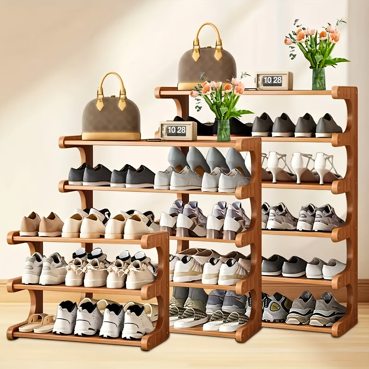 Freestanding Bamboo Shoe Organizer in Brown with Three, Five or Six Layers, Wood-Grain Footwear Storage Rack for Home Entryways, Hallways and Dorm Rooms