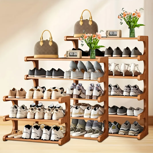 Freestanding Bamboo Shoe Organizer in Brown with Three, Five or Six Layers, Wood-Grain Footwear Storage Rack for Home Entryways, Hallways and Dorm Rooms