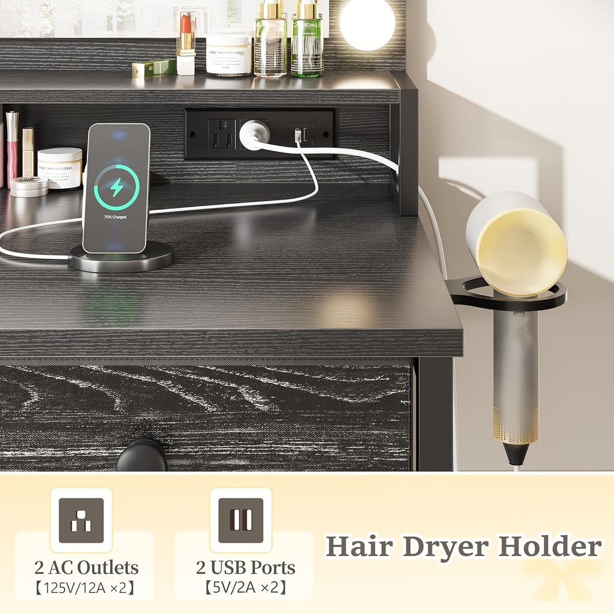 Black Vanity Desk with Lighted Mirror and Five Fabric Drawers, Three Lighting Modes, Adjustable Brightness and Listed Power Outlet for Bedroom Makeup Storage