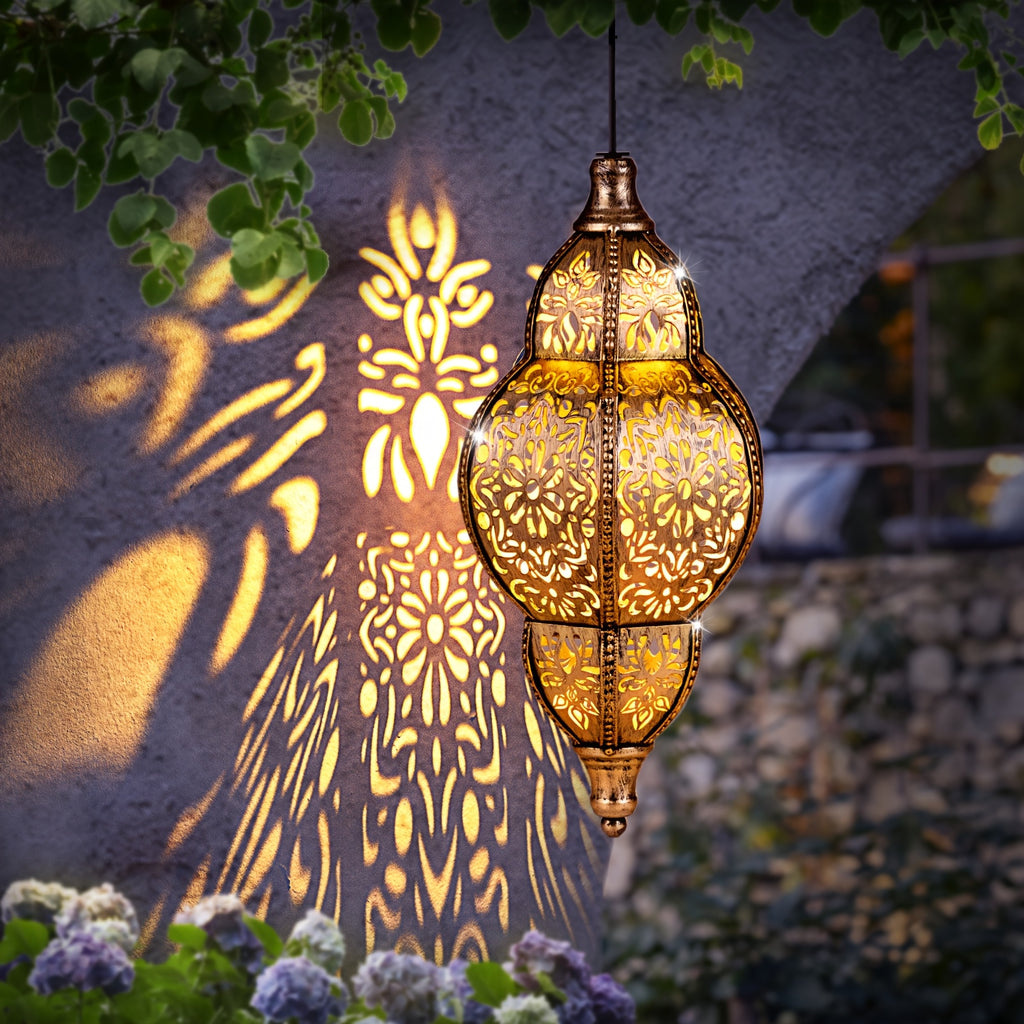 Solar Pendant Lantern in Copper Color with Listed Hollow-Out Iron Design and 27.17-Inch Size Wording for Decorative Patio, Garden, Deck and Porch Displays