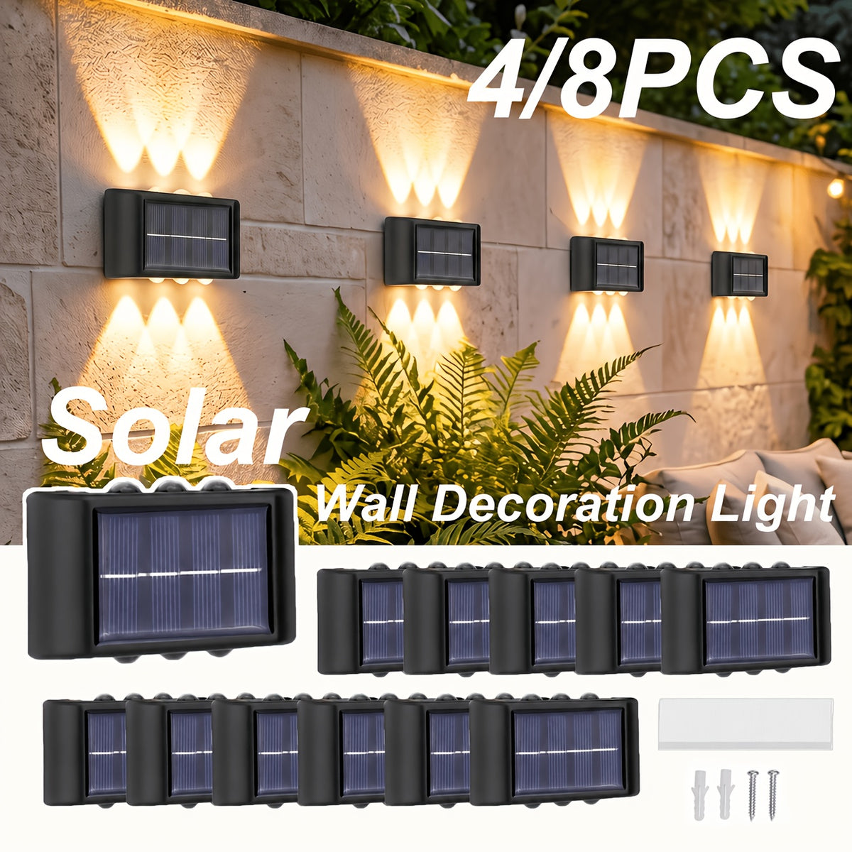 Solar Up and Down Wall Sconces with Listed 6-LED Design, White or Warm Light and 4- or 8-Piece Options for Outdoor Fence, Patio and Garden Decoration
