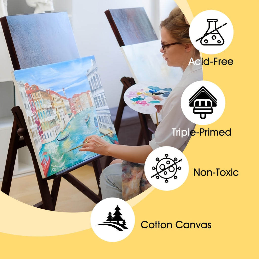 Stretched Canvas Painting Set, White Primed 100% Cotton Art Canvases with Round and Rectangular Pack Options for Acrylic Pouring and Oil Painting