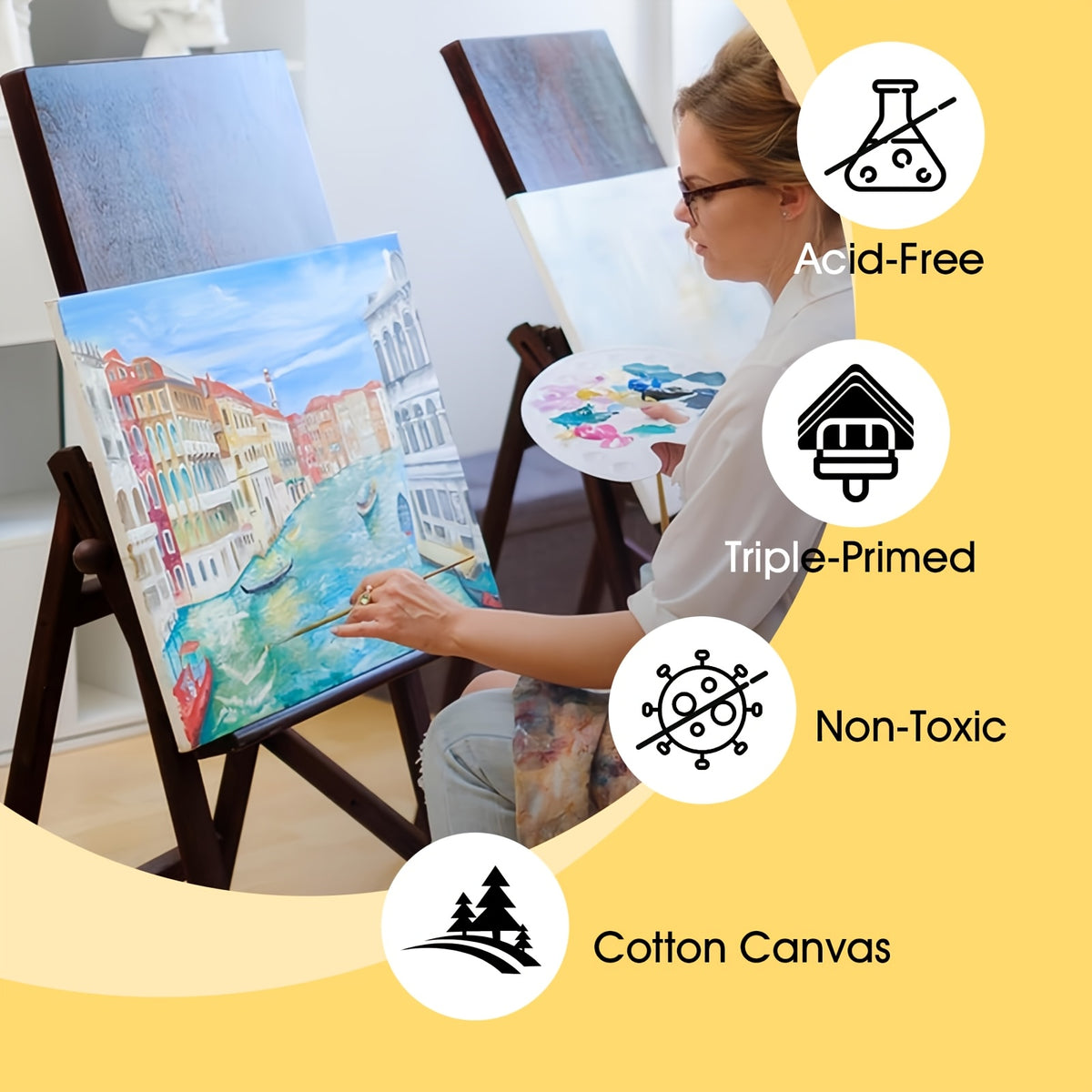 Stretched Canvas Painting Set, White Primed 100% Cotton Art Canvases with Round and Rectangular Pack Options for Acrylic Pouring and Oil Painting