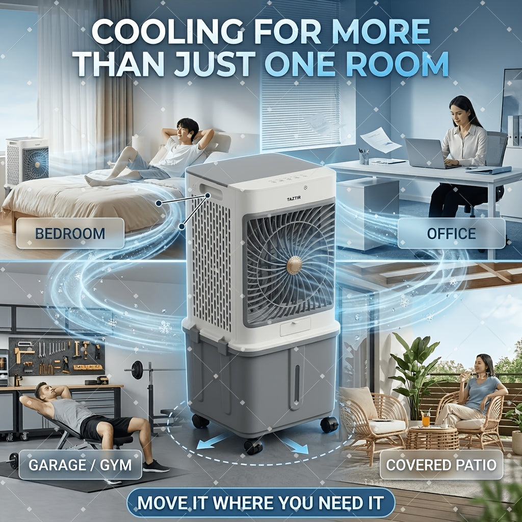 TAZTIR 2200 CFM Evaporative Air Cooler, 8.7 Gal Tank Swamp Cooler with 120° Swing, 3 Speeds, 35dB Quiet Operation and 4 Ice Packs, Portable Cooling Fan for Bedroom, Office, Patio, Garage, Warehouse and Large Spaces